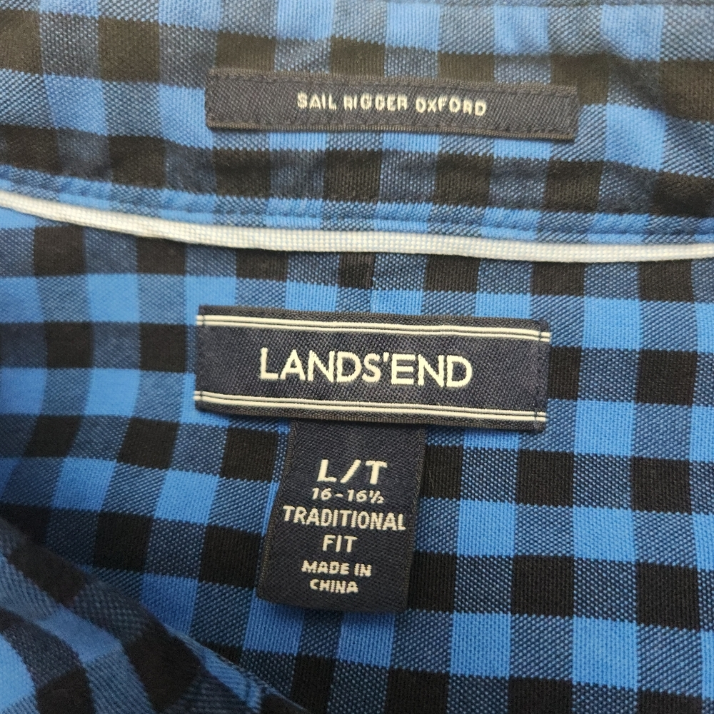 Lands' End Men's Button Down Long Sleeve Blue/Black Plaid Large Tall 16-16 1/2 - Picture 4 of 4